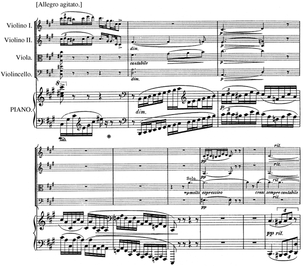 The score excerpt presents nine measures of a piano quintet in A major but with no time signature. 